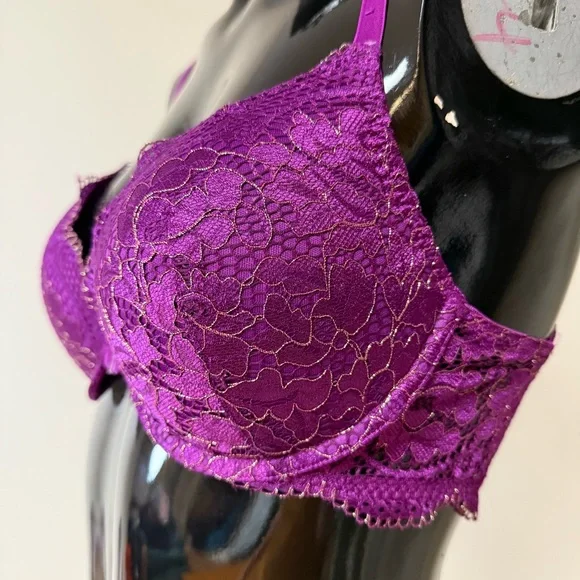 La Senza Purple Lace Push Up Bra 34C Racerback Floral Lingerie Gold Detail - Picture 2 of 5